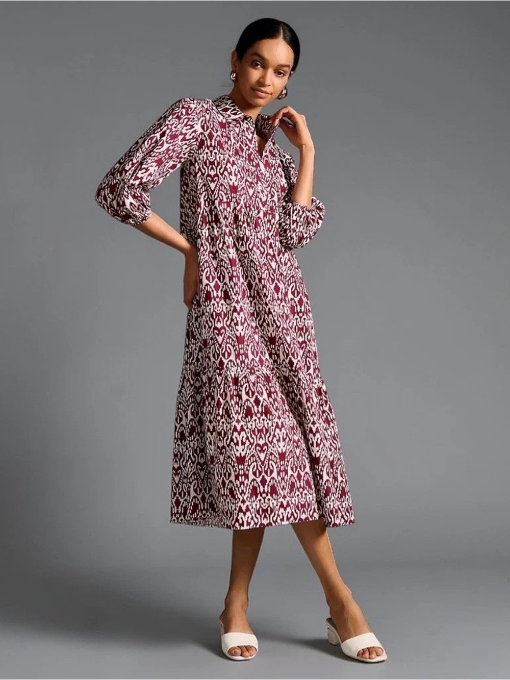 Anthropologie - Maeve - Bettina Tiered Midi Shirt Dress - Wine Ikat